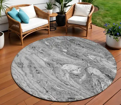 8' Gray Silver And Charcoal Round Abstract Washable Indoor Outdoor Area Rug