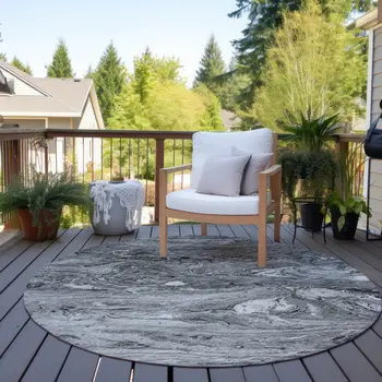 8' Gray Silver And Charcoal Round Abstract Washable Indoor Outdoor Area Rug