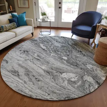 8' Gray Silver And Charcoal Round Abstract Washable Indoor Outdoor Area Rug