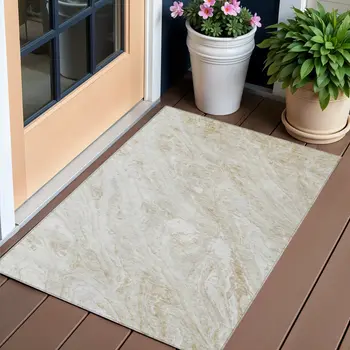 3' X 5' Ivory Beige And Tan Abstract Washable Indoor Outdoor Area Rug