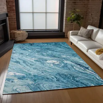 3' X 5' Sky Blue And Navy Blue Abstract Washable Indoor Outdoor Area Rug