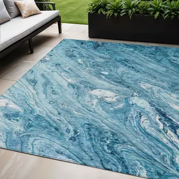 5' X 8' Sky Blue And Navy Blue Abstract Washable Indoor Outdoor Area Rug