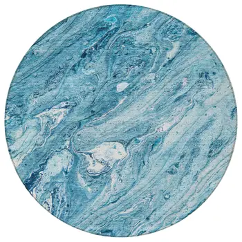 8' Sky Blue And Navy Blue Round Abstract Washable Indoor Outdoor Area Rug