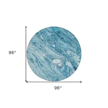 8' Sky Blue And Navy Blue Round Abstract Washable Indoor Outdoor Area Rug