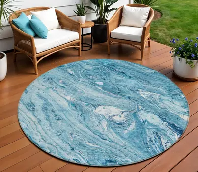 8' Sky Blue And Navy Blue Round Abstract Washable Indoor Outdoor Area Rug