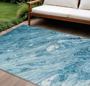 10' X 14' Sky Blue And Navy Blue Abstract Washable Indoor Outdoor Area Rug