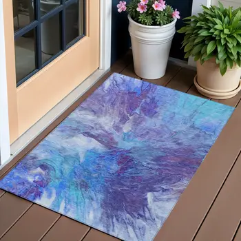 3' X 5' Purple And Navy Blue Abstract Washable Indoor Outdoor Area Rug