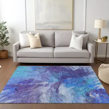 3' X 5' Purple And Navy Blue Abstract Washable Indoor Outdoor Area Rug