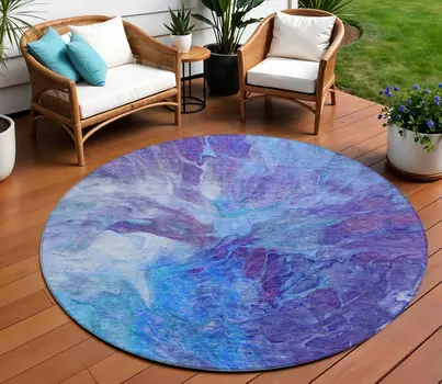 8' Purple And Navy Blue Round Abstract Washable Indoor Outdoor Area Rug