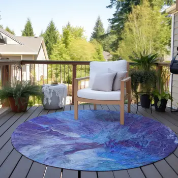 8' Purple And Navy Blue Round Abstract Washable Indoor Outdoor Area Rug