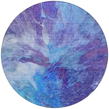 8' Purple And Navy Blue Round Abstract Washable Indoor Outdoor Area Rug