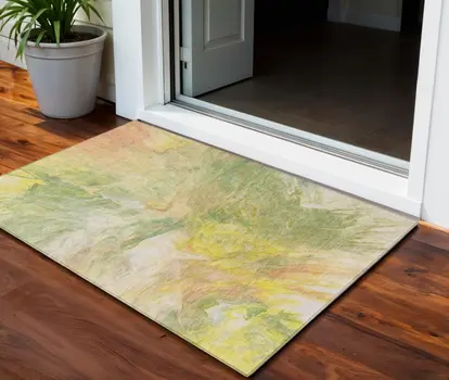 3' X 5' Green And Yellow Abstract Washable Indoor Outdoor Area Rug
