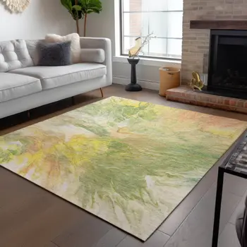 3' X 5' Green And Yellow Abstract Washable Indoor Outdoor Area Rug