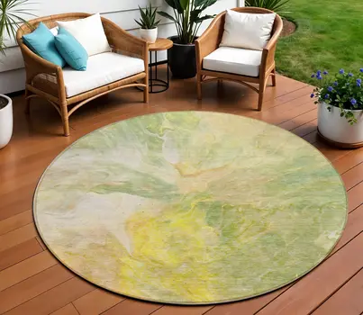 8' Green And Yellow Round Abstract Washable Indoor Outdoor Area Rug