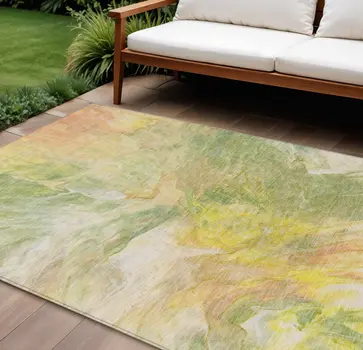 10' X 14' Green And Yellow Abstract Washable Indoor Outdoor Area Rug