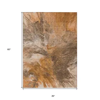 3' X 5' Orange Copper And Terra Cotta Abstract Washable Indoor Outdoor Area Rug