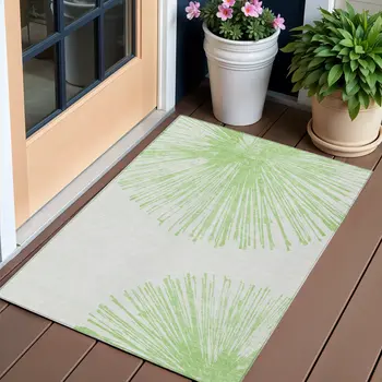 3' X 5' Artichoke Green And Ivory Abstract Washable Indoor Outdoor Area Rug