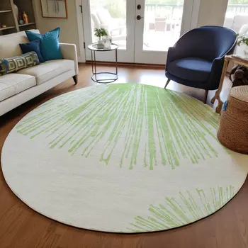 8' Artichoke Green And Ivory Round Abstract Washable Indoor Outdoor Area Rug
