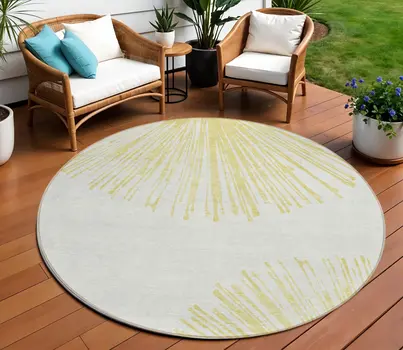 8' Beige And Ivory Round Abstract Washable Indoor Outdoor Area Rug