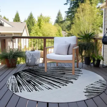 8' Black And Ivory Round Abstract Washable Indoor Outdoor Area Rug