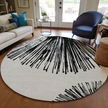 8' Black And Ivory Round Abstract Washable Indoor Outdoor Area Rug