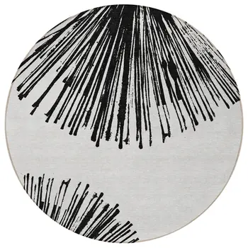 8' Black And Ivory Round Abstract Washable Indoor Outdoor Area Rug