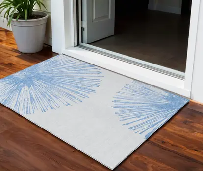 3' X 5' Denim Blue And Ivory Abstract Washable Indoor Outdoor Area Rug