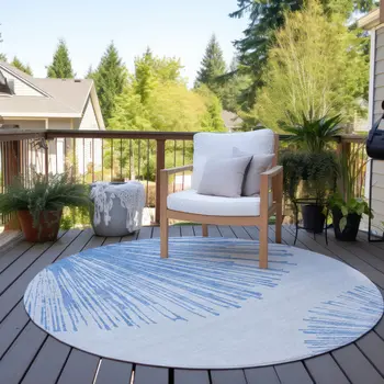 8' Denim Blue And Ivory Round Abstract Washable Indoor Outdoor Area Rug