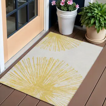 3' X 5' Gold And Ivory Abstract Washable Indoor Outdoor Area Rug