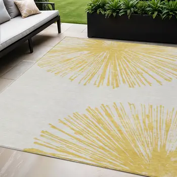 5' X 8' Gold And Ivory Abstract Washable Indoor Outdoor Area Rug