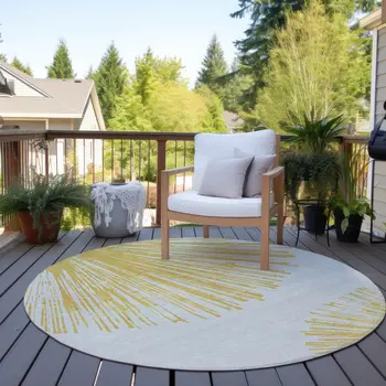 8' Gold And Ivory Round Abstract Washable Indoor Outdoor Area Rug