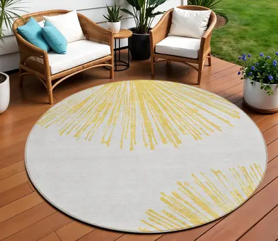 8' Gold And Ivory Round Abstract Washable Indoor Outdoor Area Rug