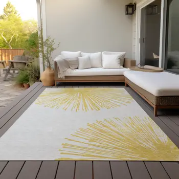8' X 10' Gold And Ivory Abstract Washable Indoor Outdoor Area Rug