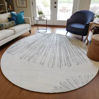 8' Gray And Ivory Round Abstract Washable Indoor Outdoor Area Rug