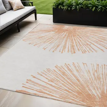 5' X 8' Salmon And Ivory Abstract Washable Indoor Outdoor Area Rug