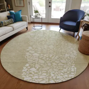 8' Beige Tan And Taupe Round Abstract Washable Indoor Outdoor Area Rug
