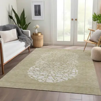 9' X 12' Beige Tan And Taupe Abstract Washable Indoor Outdoor Area Rug