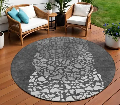 8' Charcoal Gray And Silver Round Abstract Washable Indoor Outdoor Area Rug