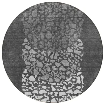 8' Charcoal Gray And Silver Round Abstract Washable Indoor Outdoor Area Rug
