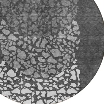 8' Charcoal Gray And Silver Round Abstract Washable Indoor Outdoor Area Rug