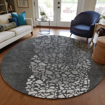 8' Charcoal Gray And Silver Round Abstract Washable Indoor Outdoor Area Rug