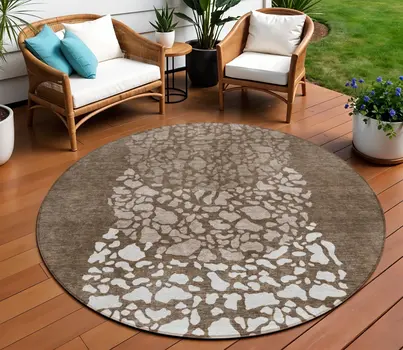 8' Chocolate And Taupe Round Abstract Washable Indoor Outdoor Area Rug