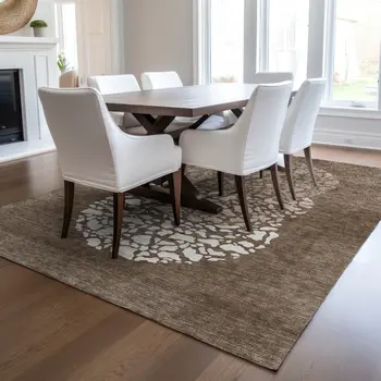 8' X 10' Chocolate And Taupe Abstract Washable Indoor Outdoor Area Rug