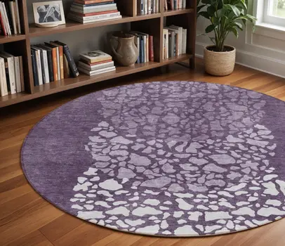 8' Eggplant Purple And Lilac Round Abstract Washable Indoor Outdoor Area Rug