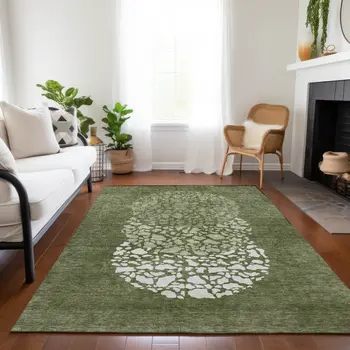 3' X 5' Olive Green And Artichoke Green Abstract Washable Indoor Outdoor Area Rug