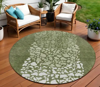 8' Olive Green And Artichoke Green Round Abstract Washable Indoor Outdoor Area Rug