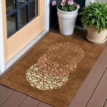 3' X 5' Orange Terra Cotta And Ivory Abstract Washable Indoor Outdoor Area Rug