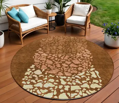 8' Orange Terra Cotta And Ivory Round Abstract Washable Indoor Outdoor Area Rug