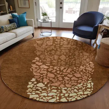 8' Orange Terra Cotta And Ivory Round Abstract Washable Indoor Outdoor Area Rug