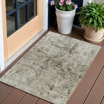 3' X 5' Taupe Beige And Gray Abstract Washable Indoor Outdoor Area Rug